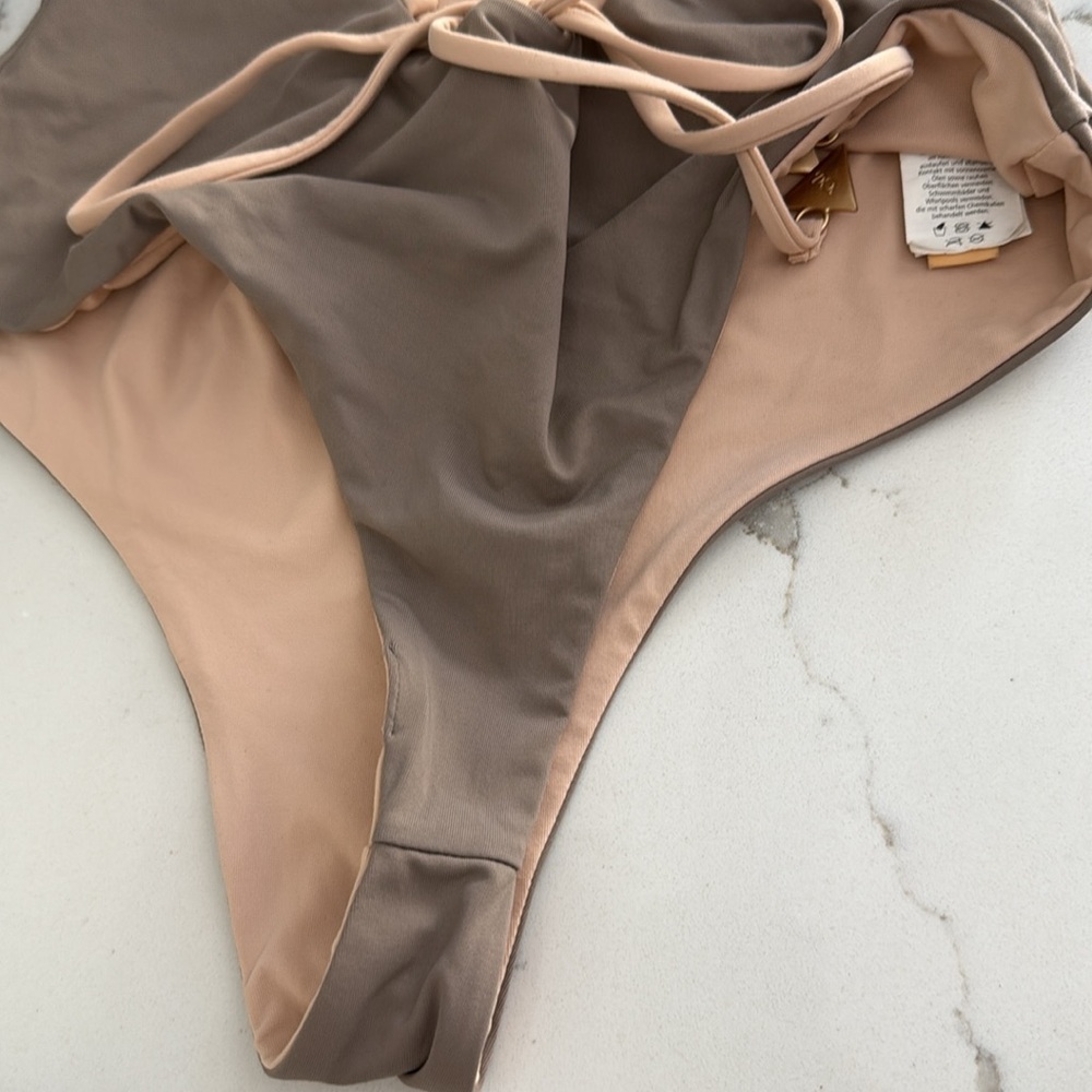 Bond-Eye Sunday Session Taupe Embroidery Lace Up Reversible Thong One Piece Swim - Picture 11 of 16